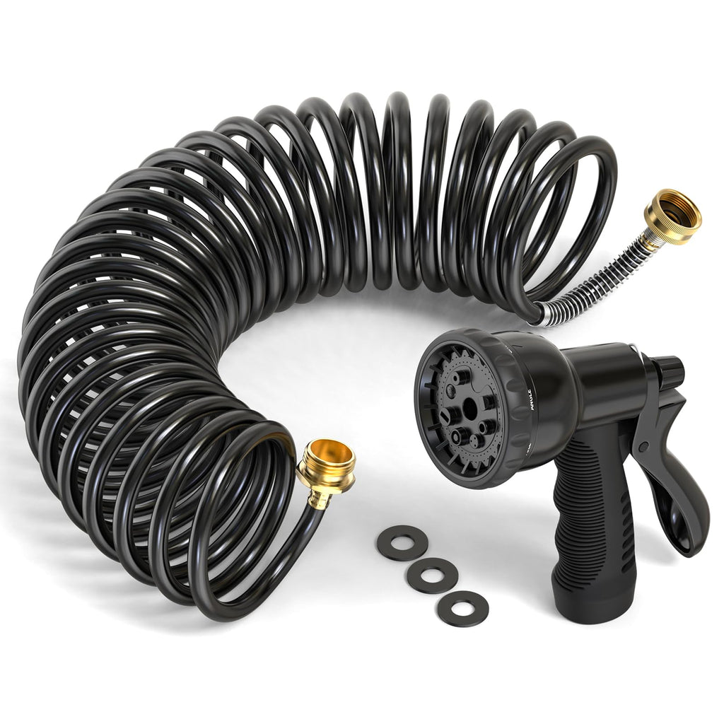 100FT x 3/8" Coil Expandable Garden Hose with 8 Patterns Spray Nozzle J30839