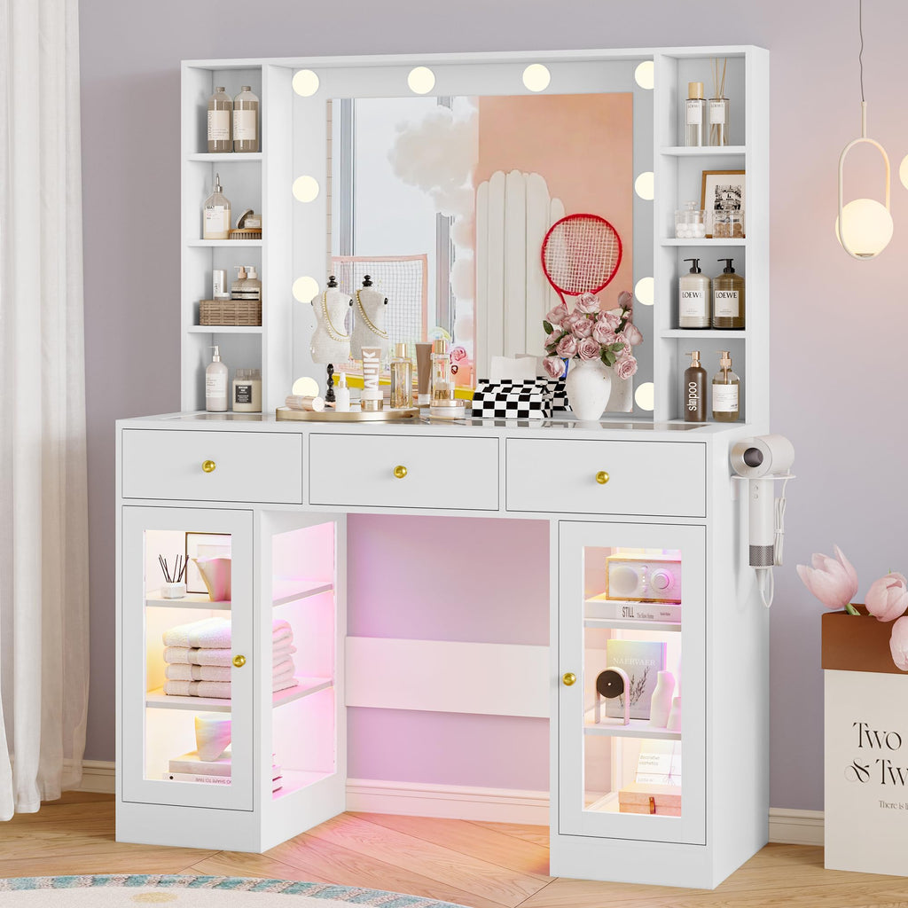 White Makeup Vanity Desk with Mirror and Lights H77089