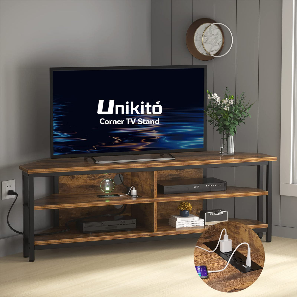 55'' Corner TV Stand with Power Outlet and 4 Open Storage Shelves B354651