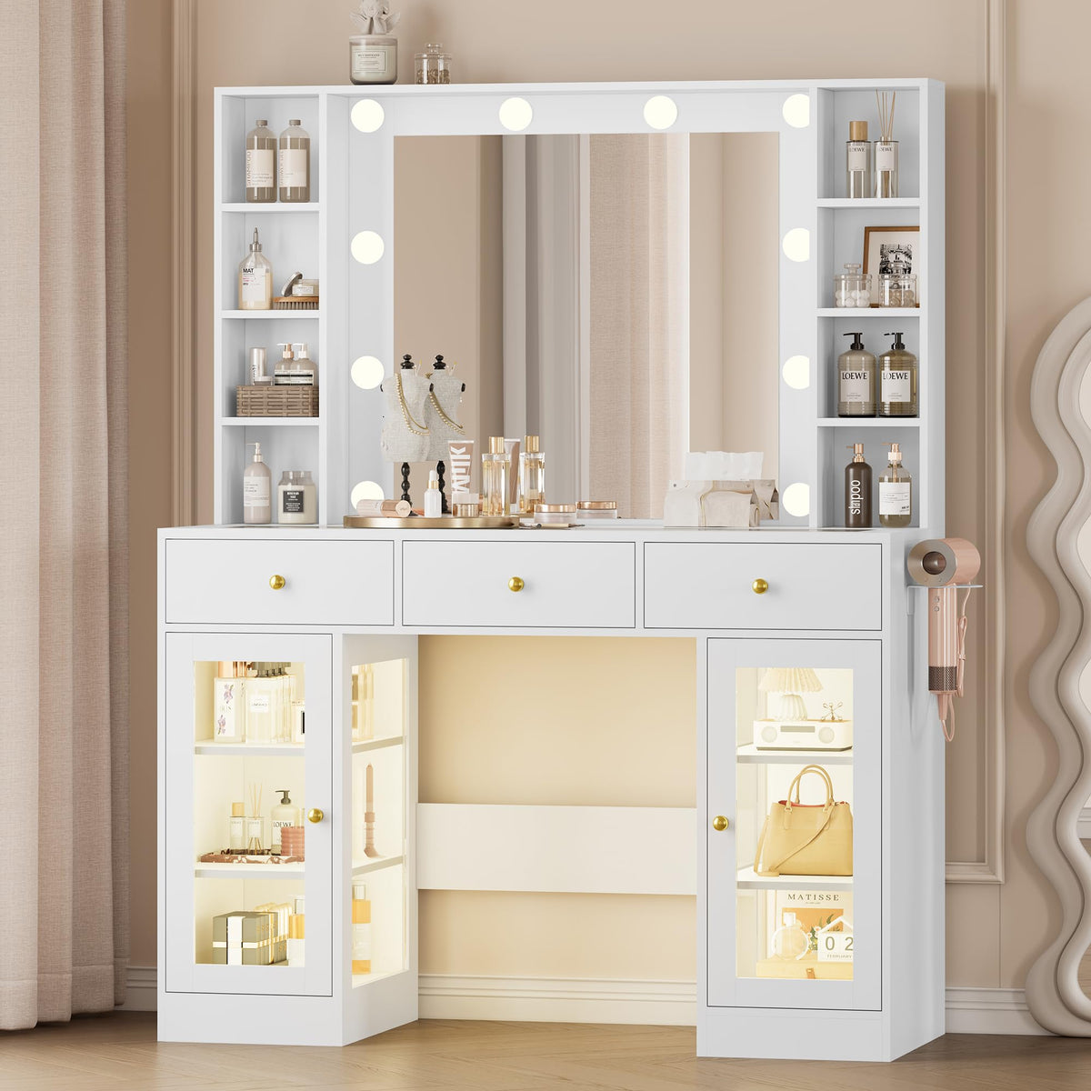 White Makeup Vanity Desk with Mirror and Lights H77089