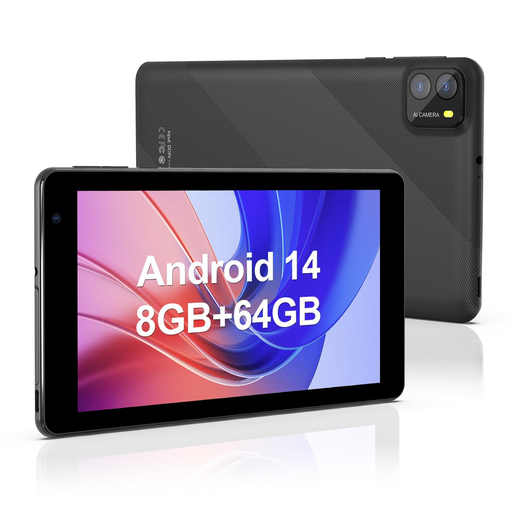 7 Inch Android 14 Tablet 8GB RAM 64GB ROM Black F9333