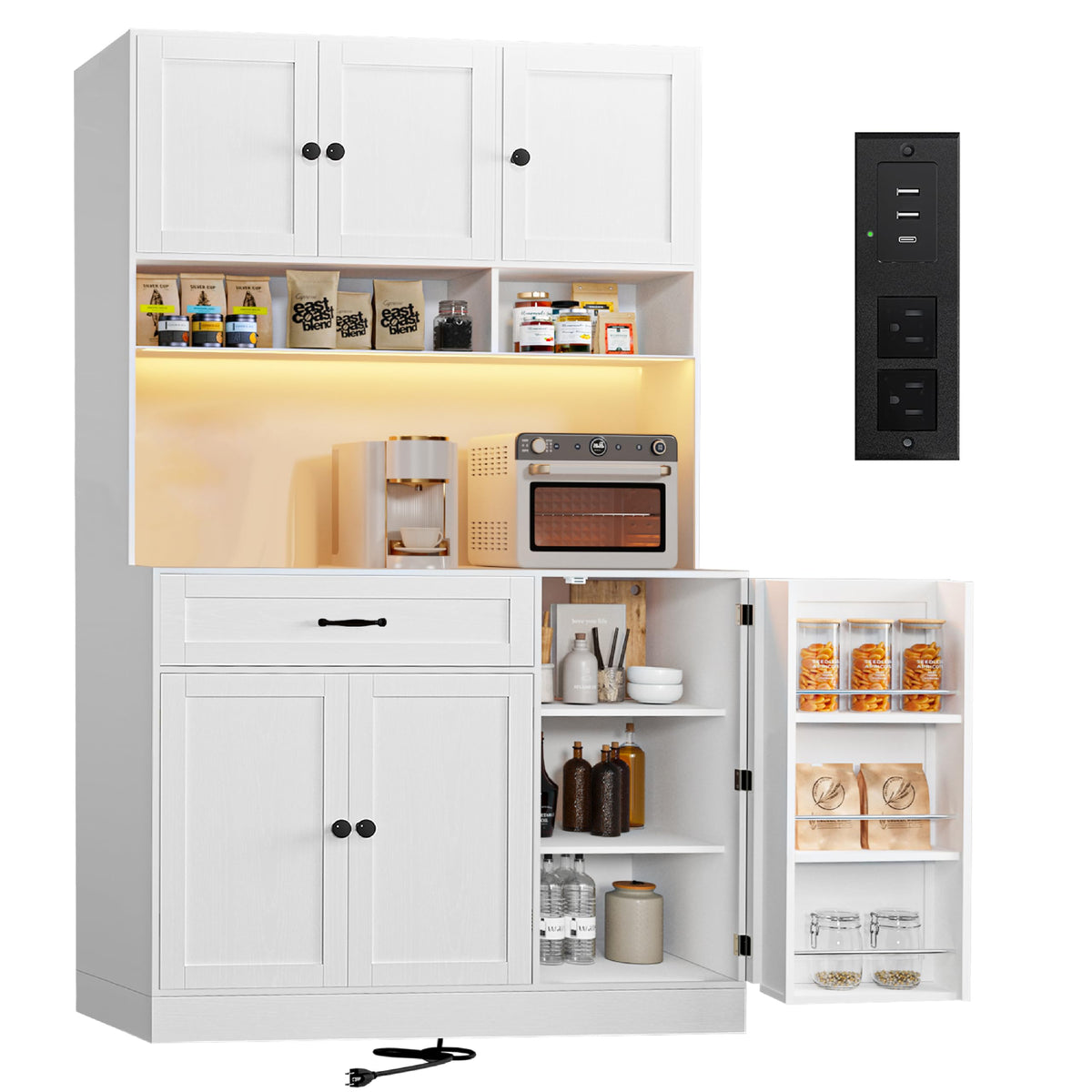 72" Kitchen Pantry Cabinet with LED Light and Charging Station T5280