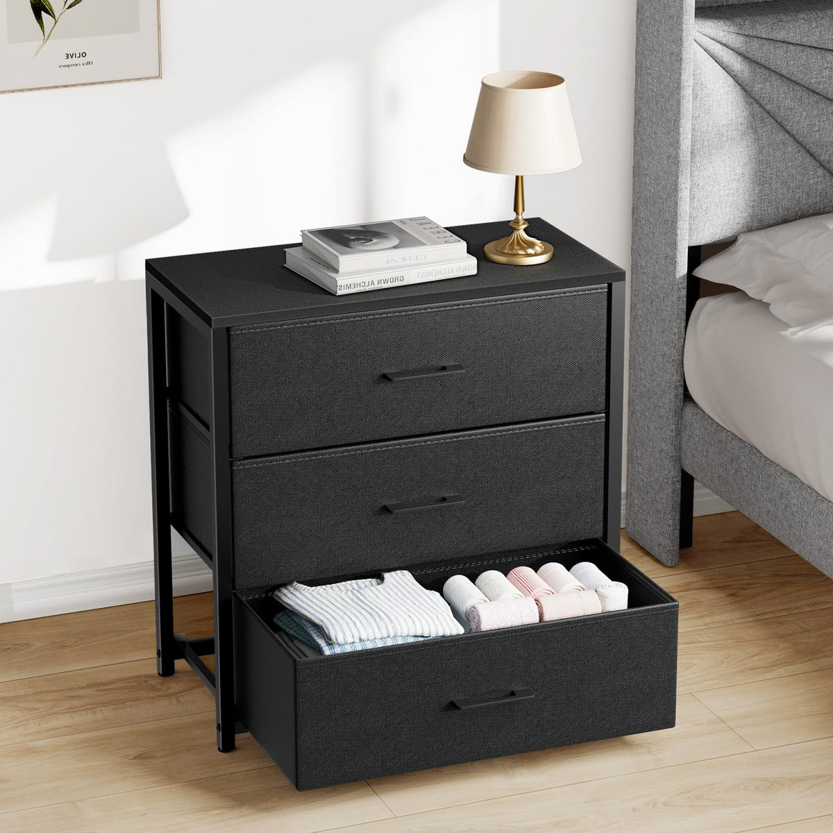 Black 3 Fabric Drawer Nightstand D5052