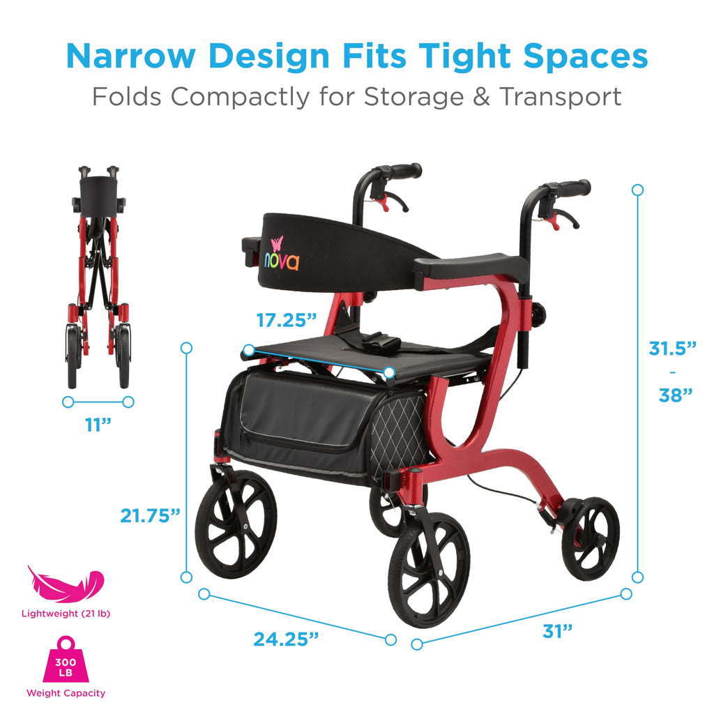 2-in-1 Folding Rollator Walker & Transport Chair with 10” Front Wheels T949674