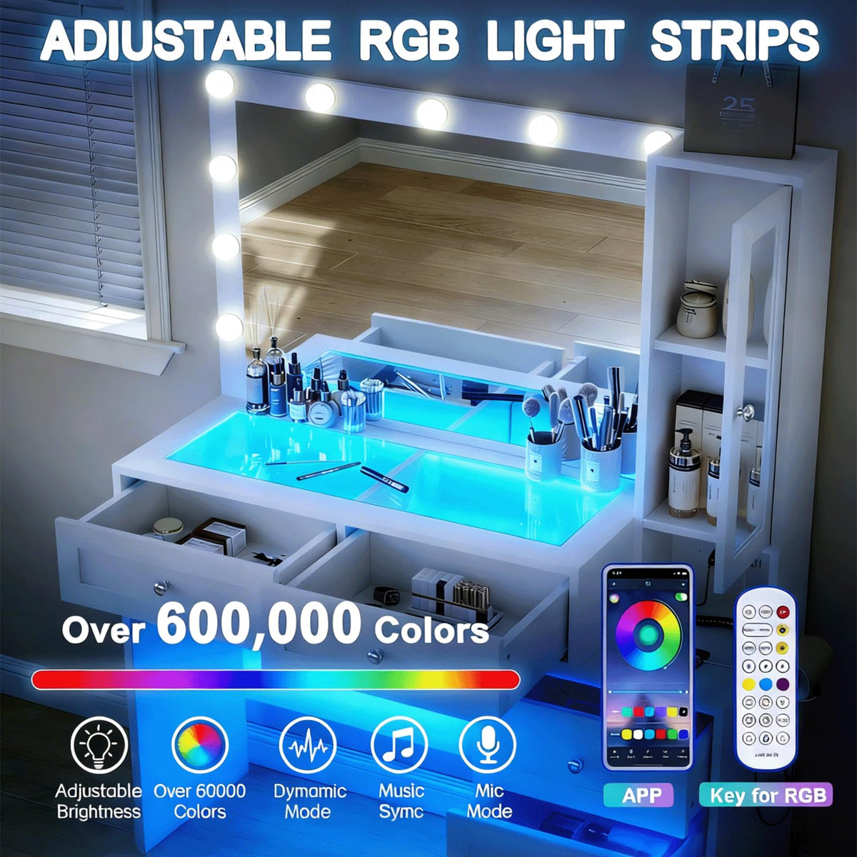 White Vanity Desk with LED Lights Mirror and 5 Storage Drawers W427