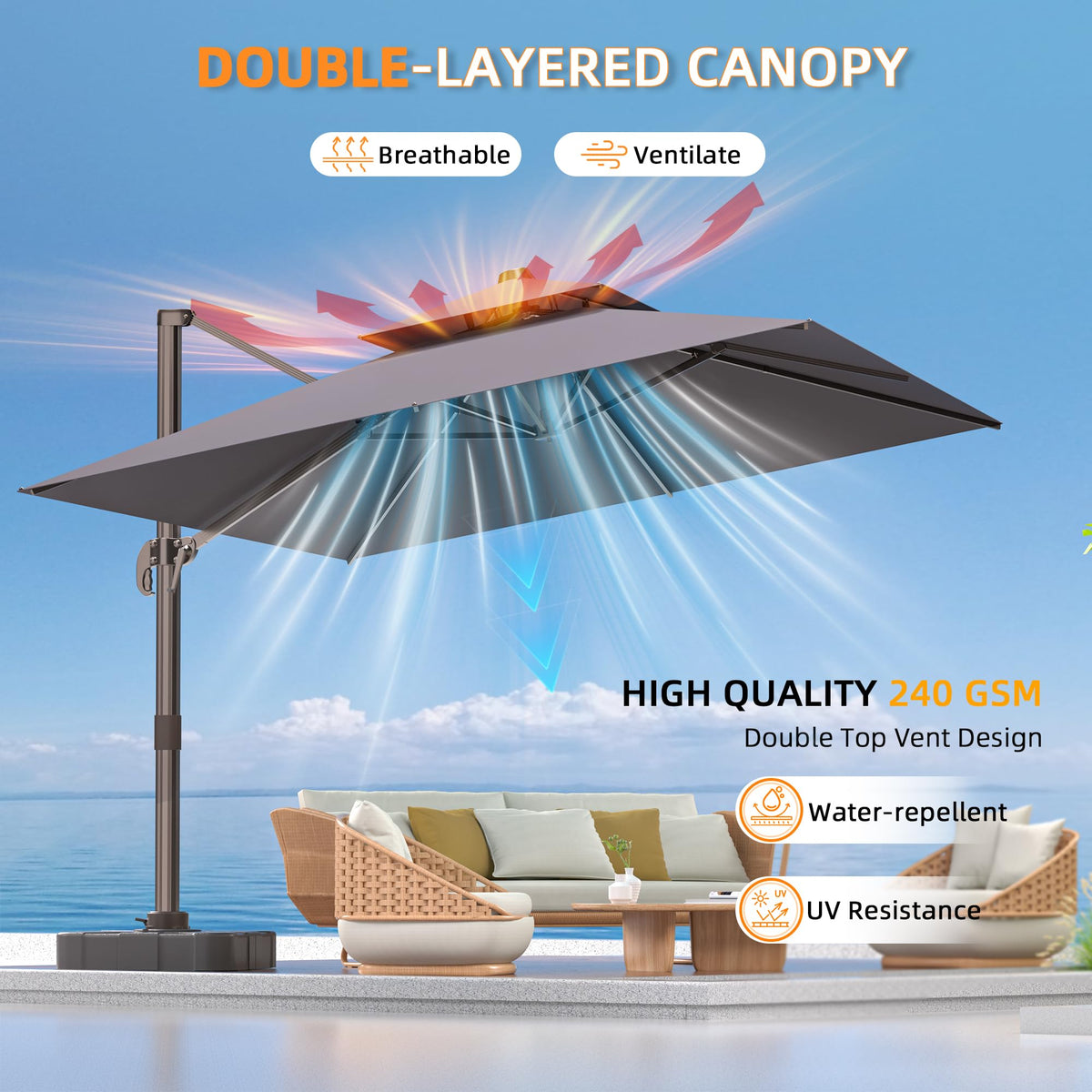 9' X 12' Grey Cantilever Patio Umbrella with Base B658