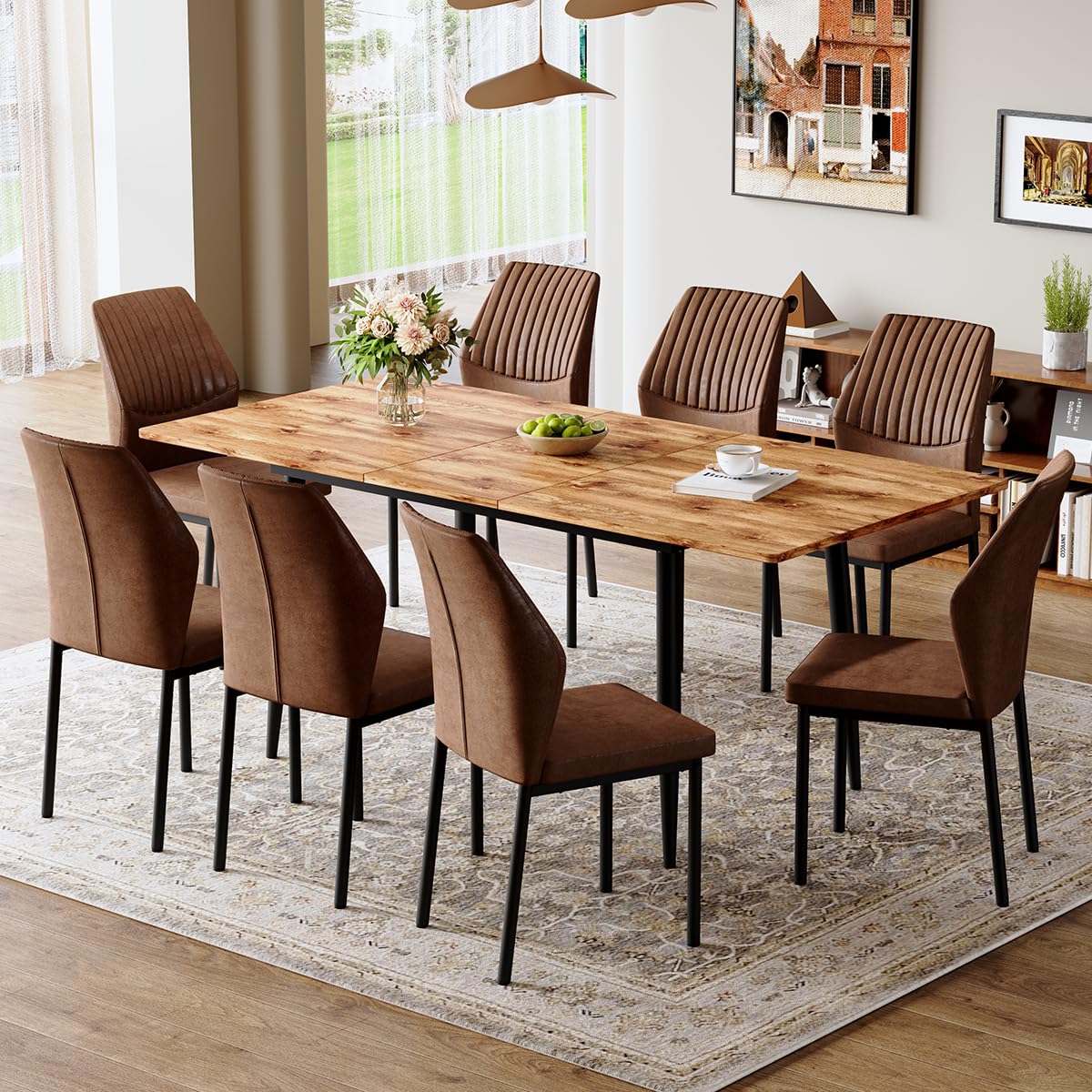 Extendable Dining Table Set for 8 Wood Upholstered Chairs Q624582