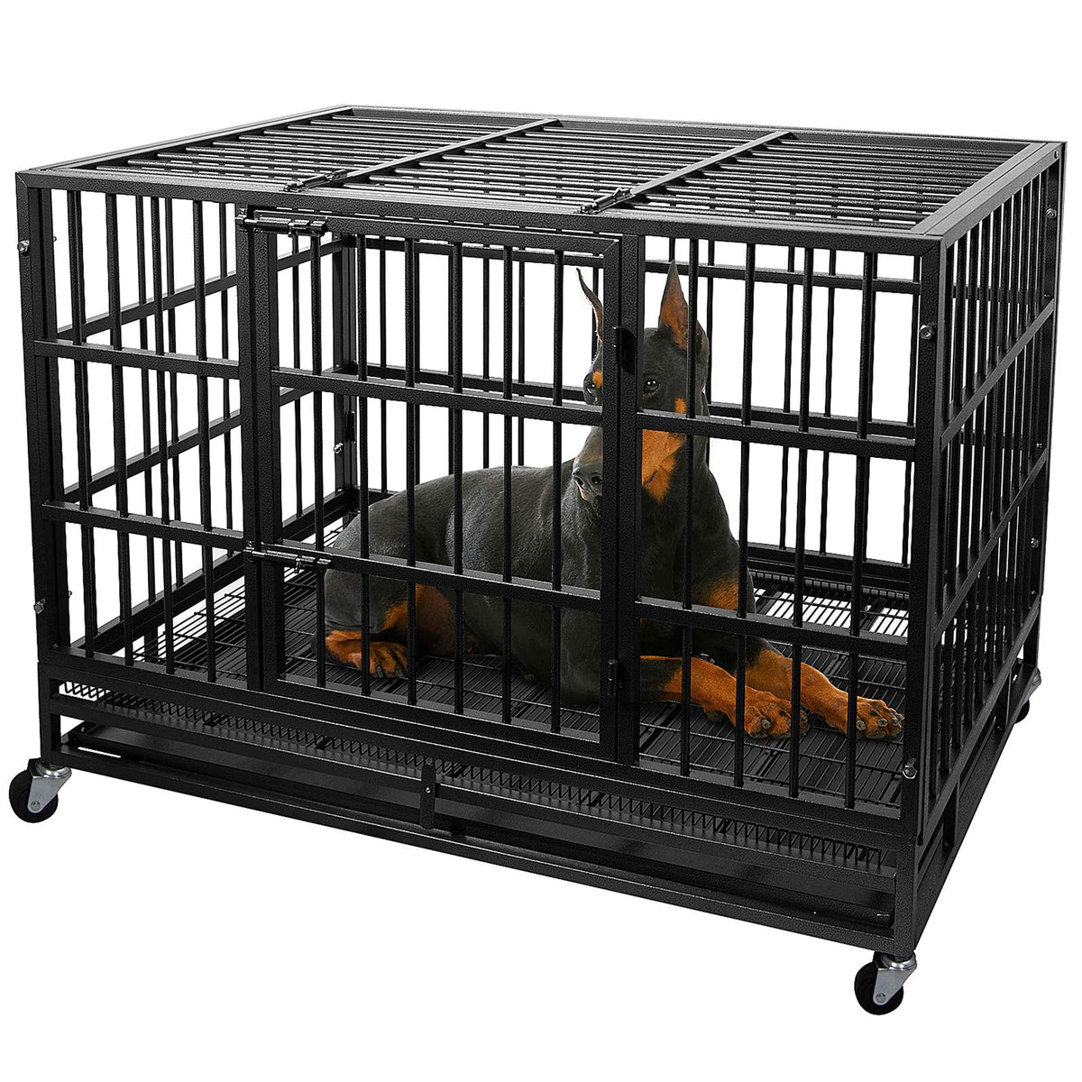 Heavy Duty 4 Wheels Double Door Metal Dog Crate 48 Inch T883