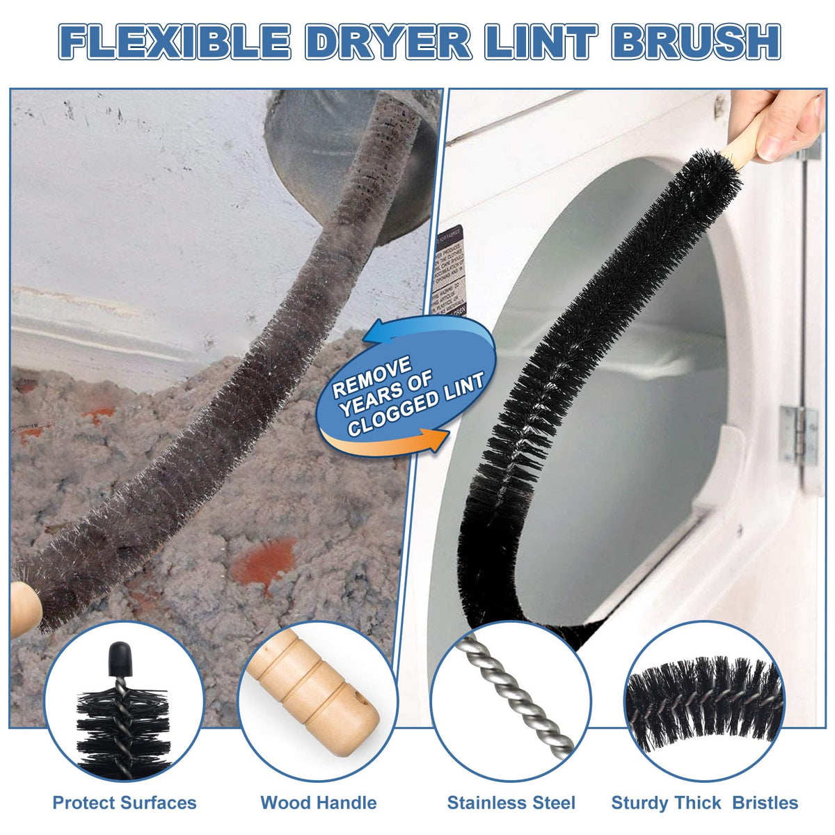 2Pcs Dryer Vent Cleaner Kit Vacuum Hose Attachment & Brush T34790