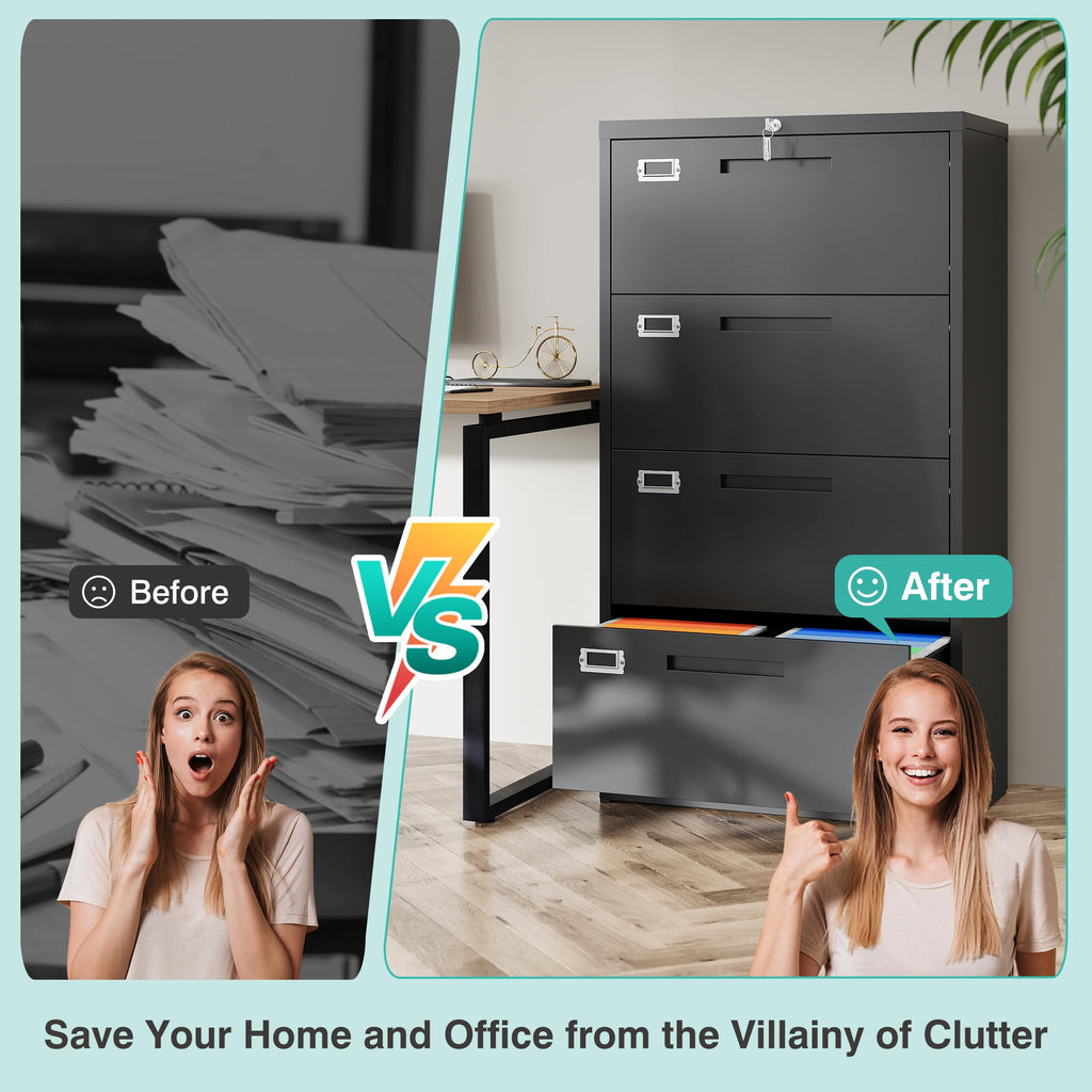 Black 4 Drawer Metal Lateral File Cabinet with Lock E881042
