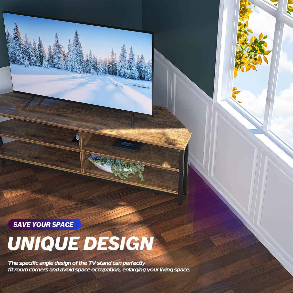 55'' Corner TV Stand with Power Outlet and 4 Open Storage Shelves B354651