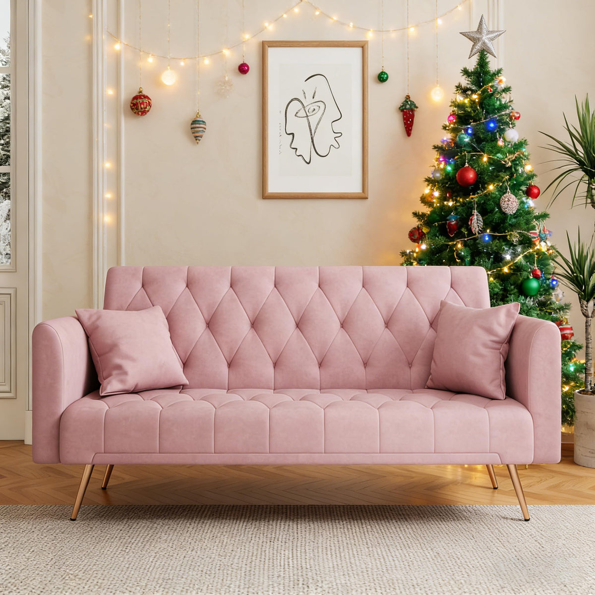 71" Velvet Futon Sofa Bed with 2 Pillows M540081