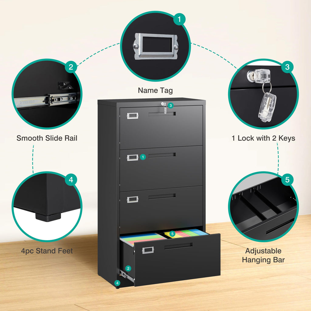 Black 4 Drawer Metal Lateral File Cabinet with Lock E881042