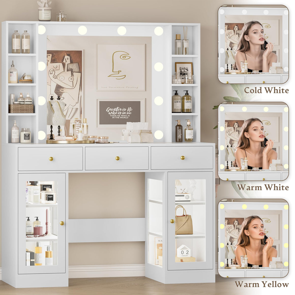 White Makeup Vanity Desk with Mirror and Lights H77089
