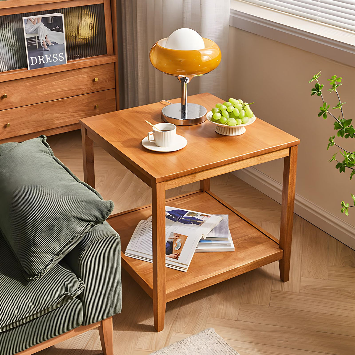 Solid Wood Square Side Table with Storage Shelf I93182