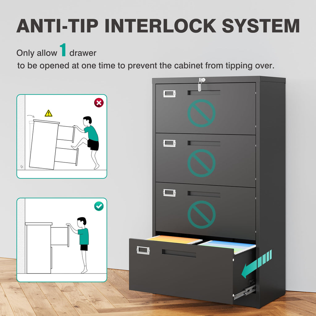 Black 4 Drawer Metal Lateral File Cabinet with Lock E881042