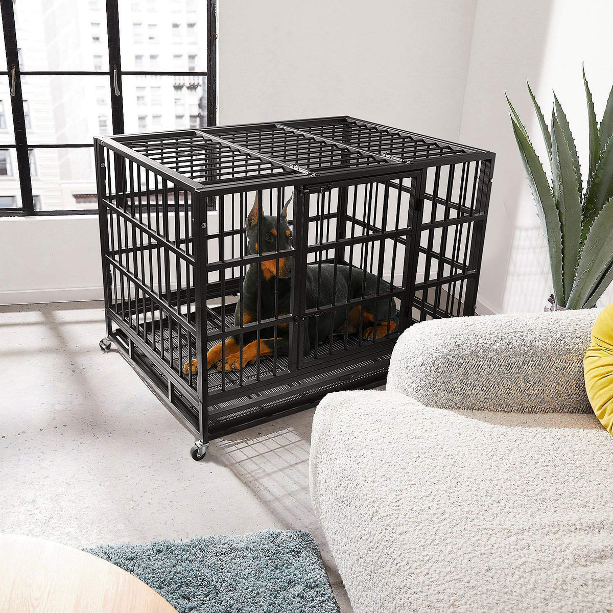 Heavy Duty 4 Wheels Double Door Metal Dog Crate 48 Inch T883