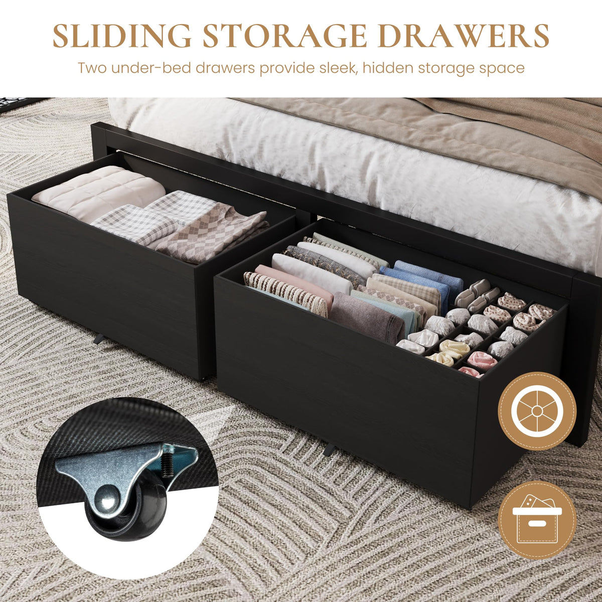 Queen Led Bed Frame with 2 Storage Drawers and Charging Station, Black P1640