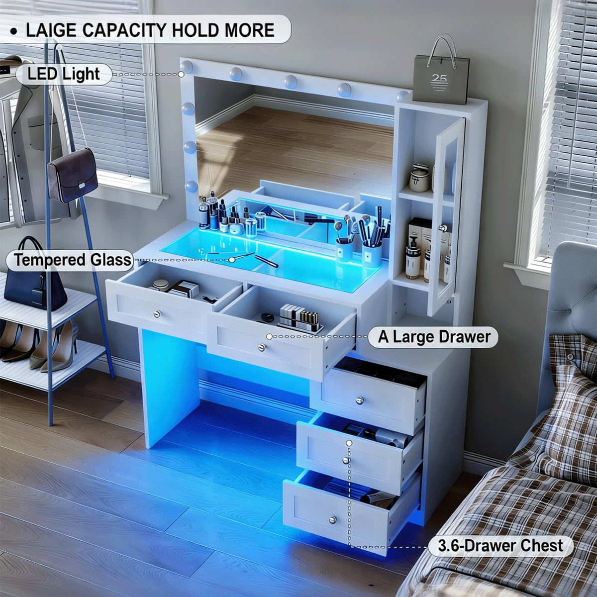 White Vanity Desk with LED Lights Mirror and 5 Storage Drawers W427