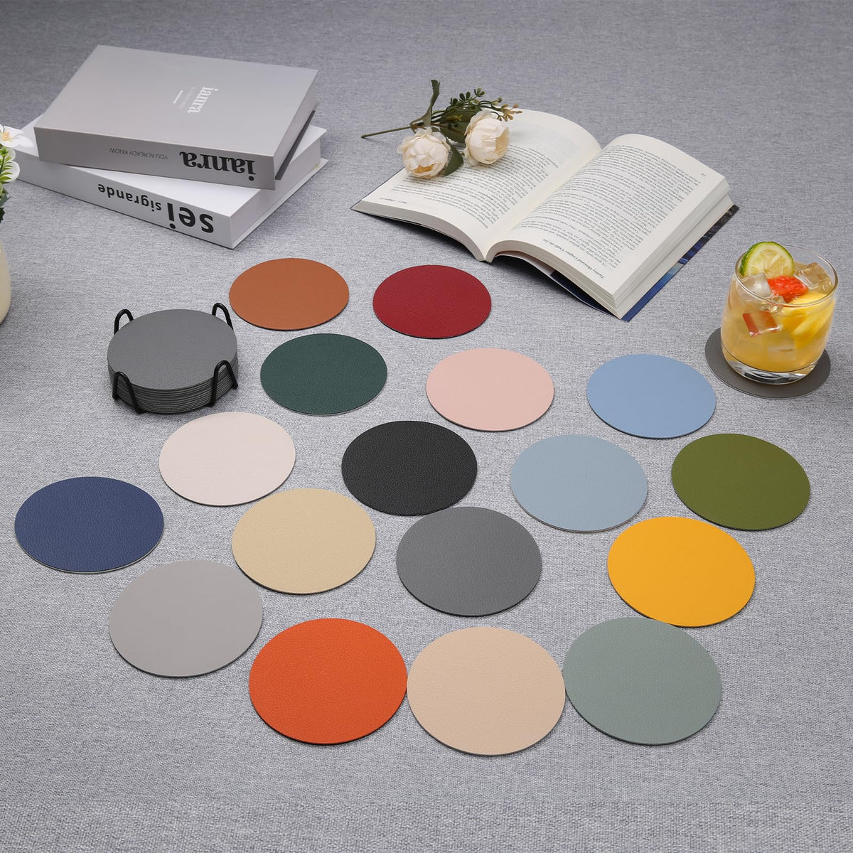 Faux Leather Drink Coasters with Holder, Set of 12 Y8494
