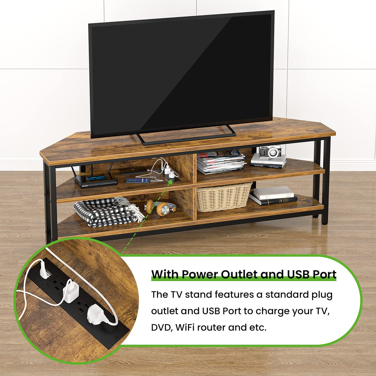 55'' Corner TV Stand with Power Outlet and 4 Open Storage Shelves B354651