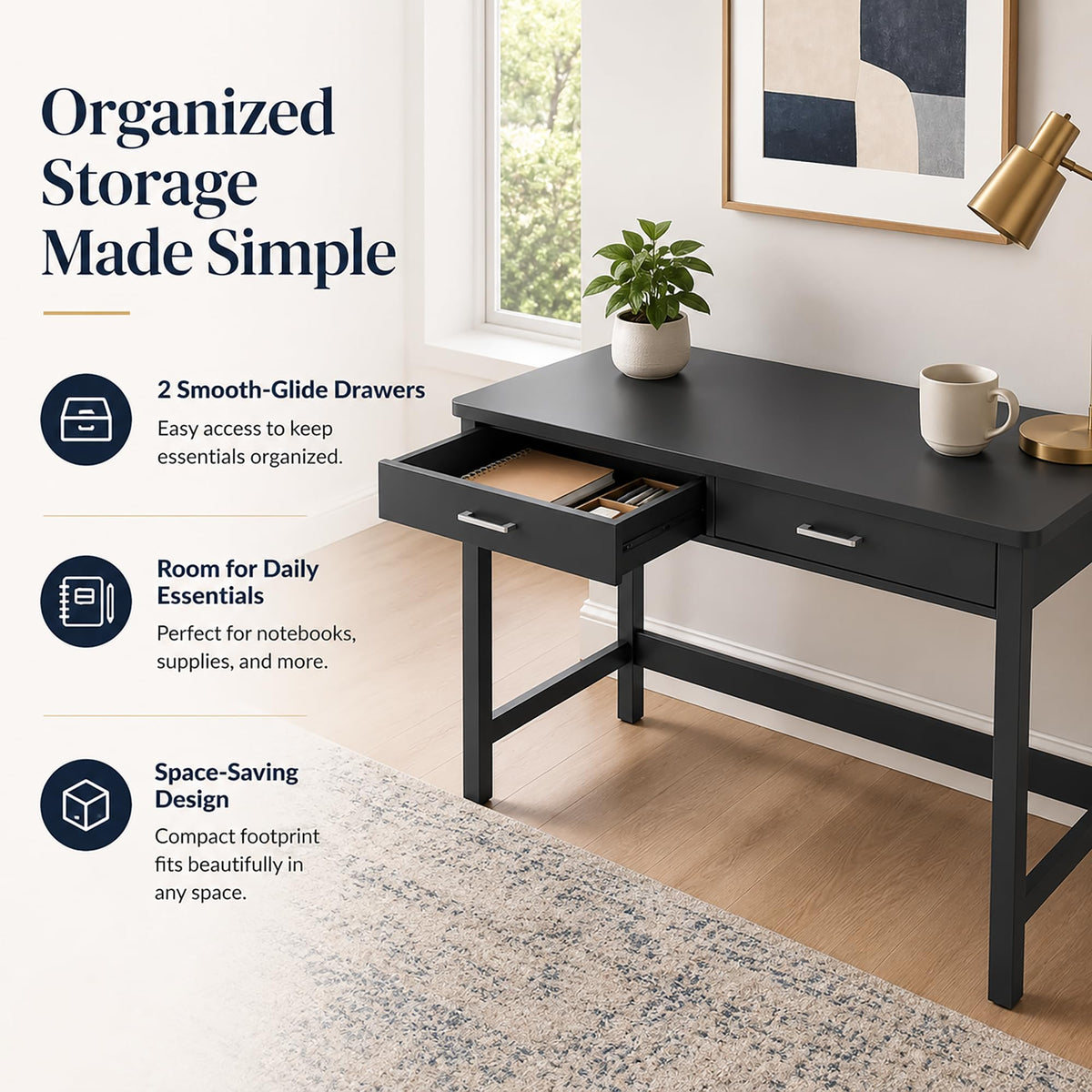 39.4" Small Desk with Wood Drawers Black G586389
