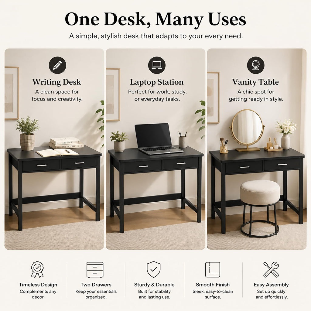 39.4" Small Desk with Wood Drawers Black G586389