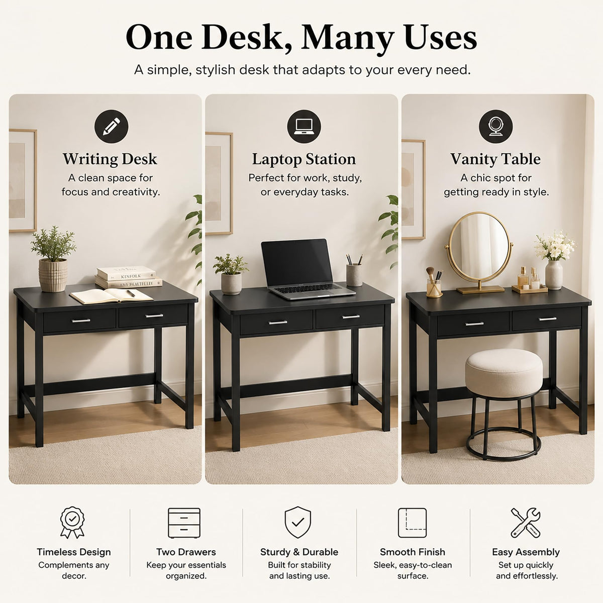 39.4" Small Desk with Wood Drawers Black G586389