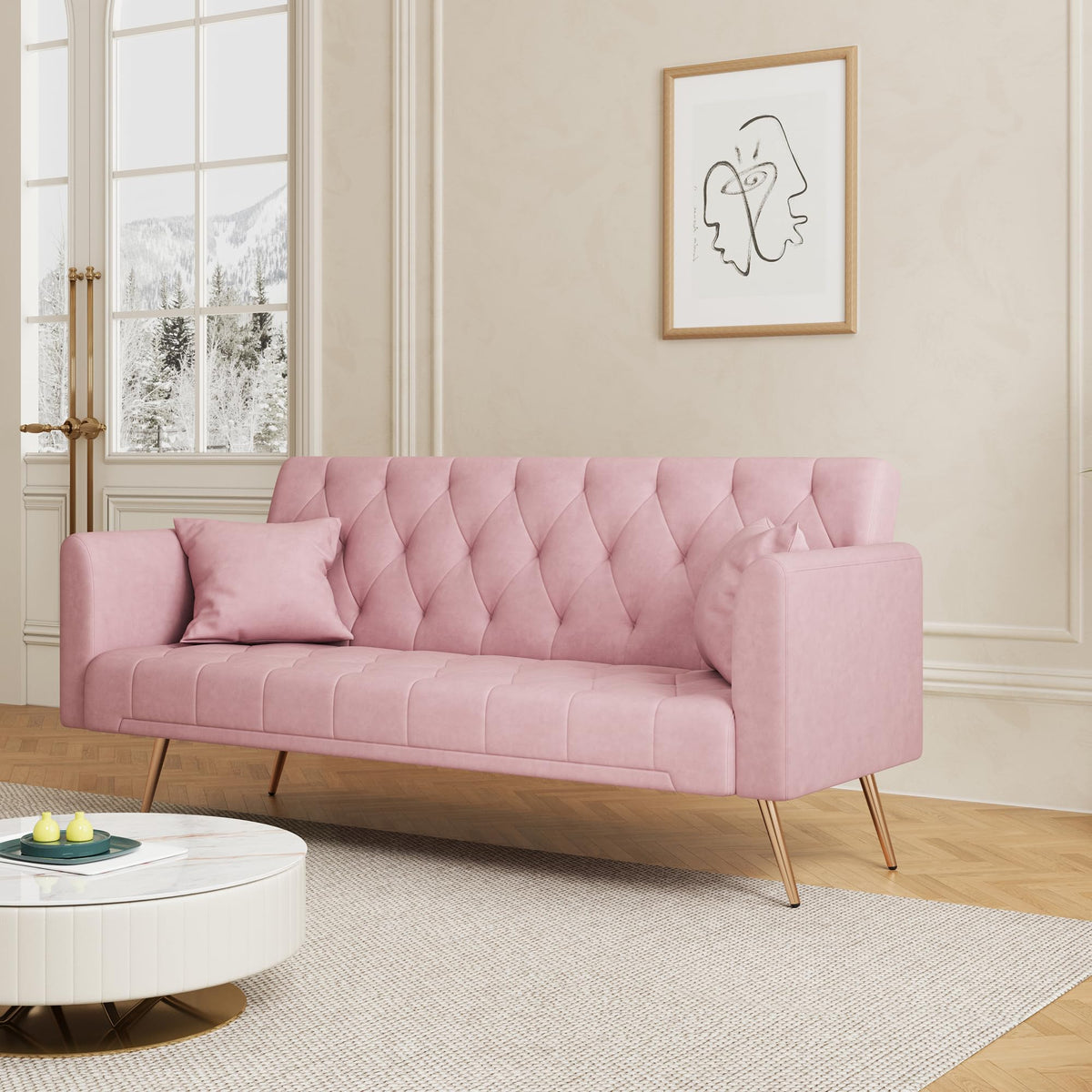 71" Velvet Futon Sofa Bed with 2 Pillows M540081