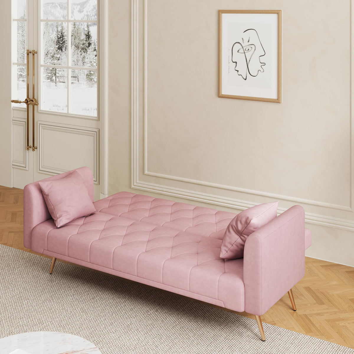 71" Velvet Futon Sofa Bed with 2 Pillows M540081
