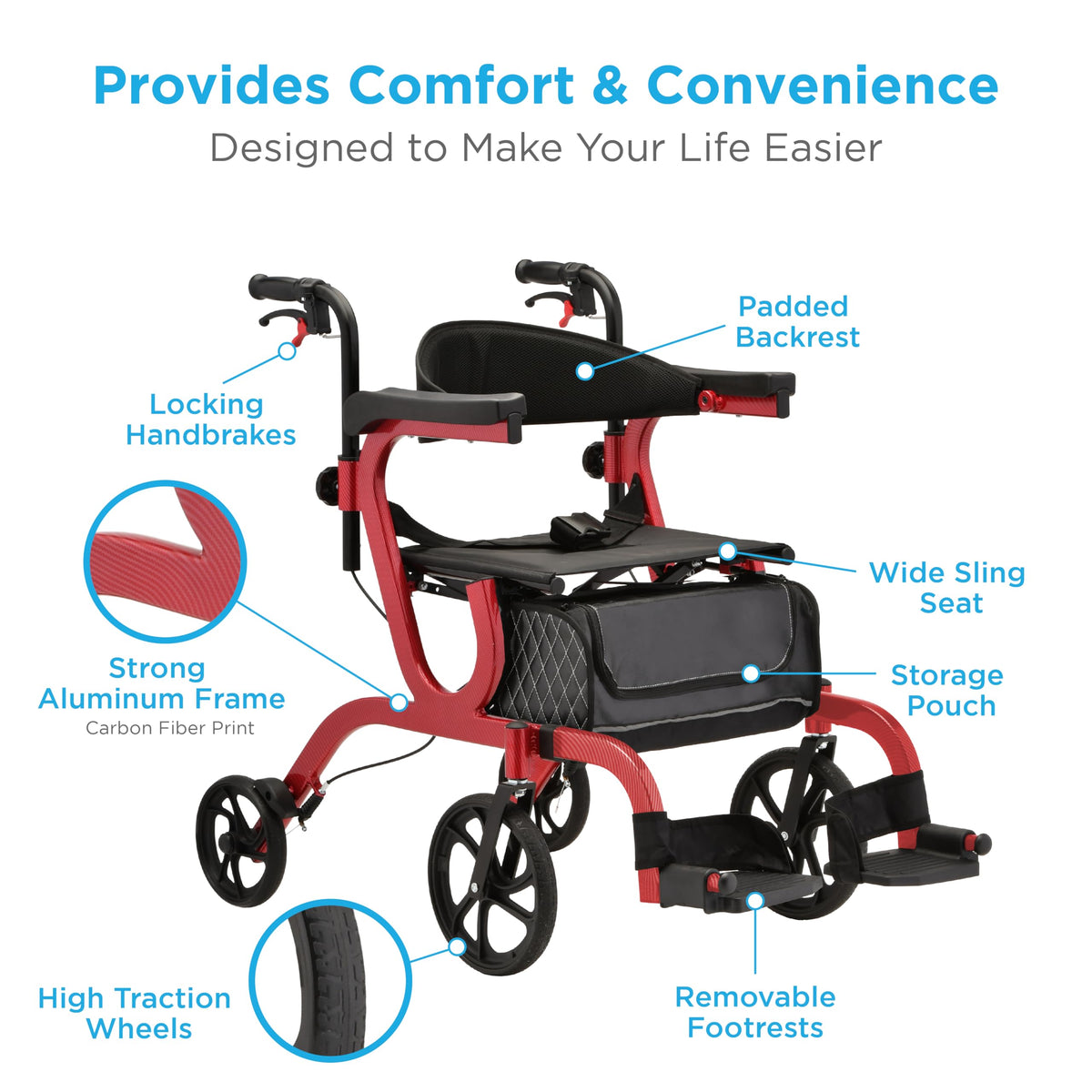 2-in-1 Folding Rollator Walker & Transport Chair with 10” Front Wheels T949674