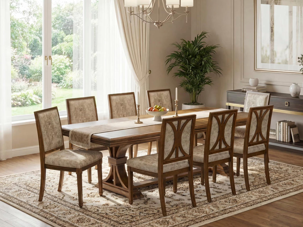 9 Piece Dining Table Set with 8 Light Beige Fabric Chairs I36205