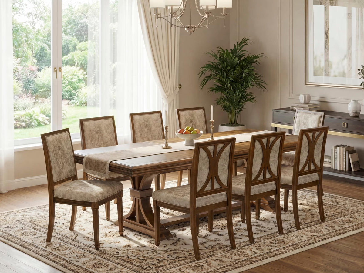9 Piece Dining Table Set with 8 Light Beige Fabric Chairs I36205
