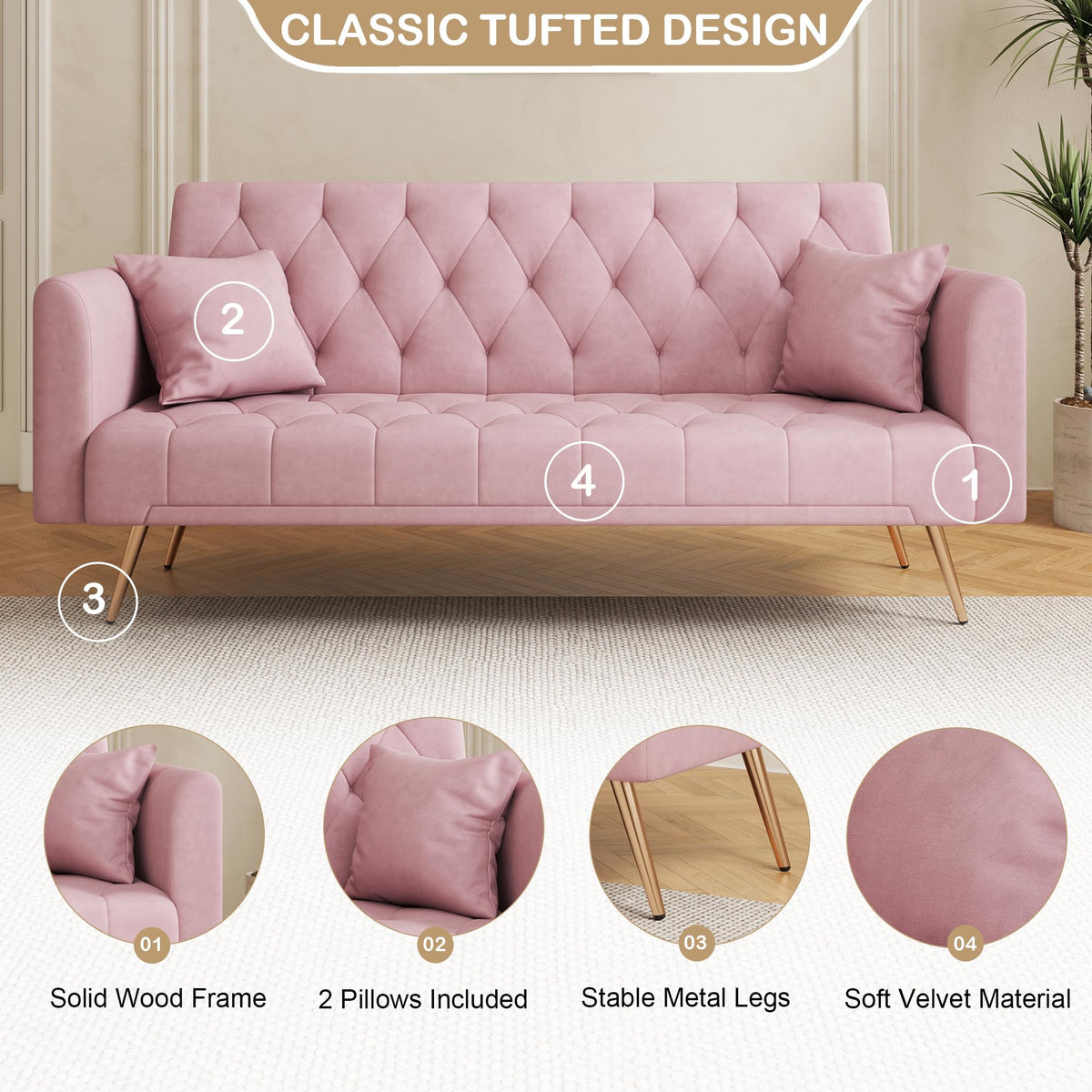 71" Velvet Futon Sofa Bed with 2 Pillows M540081