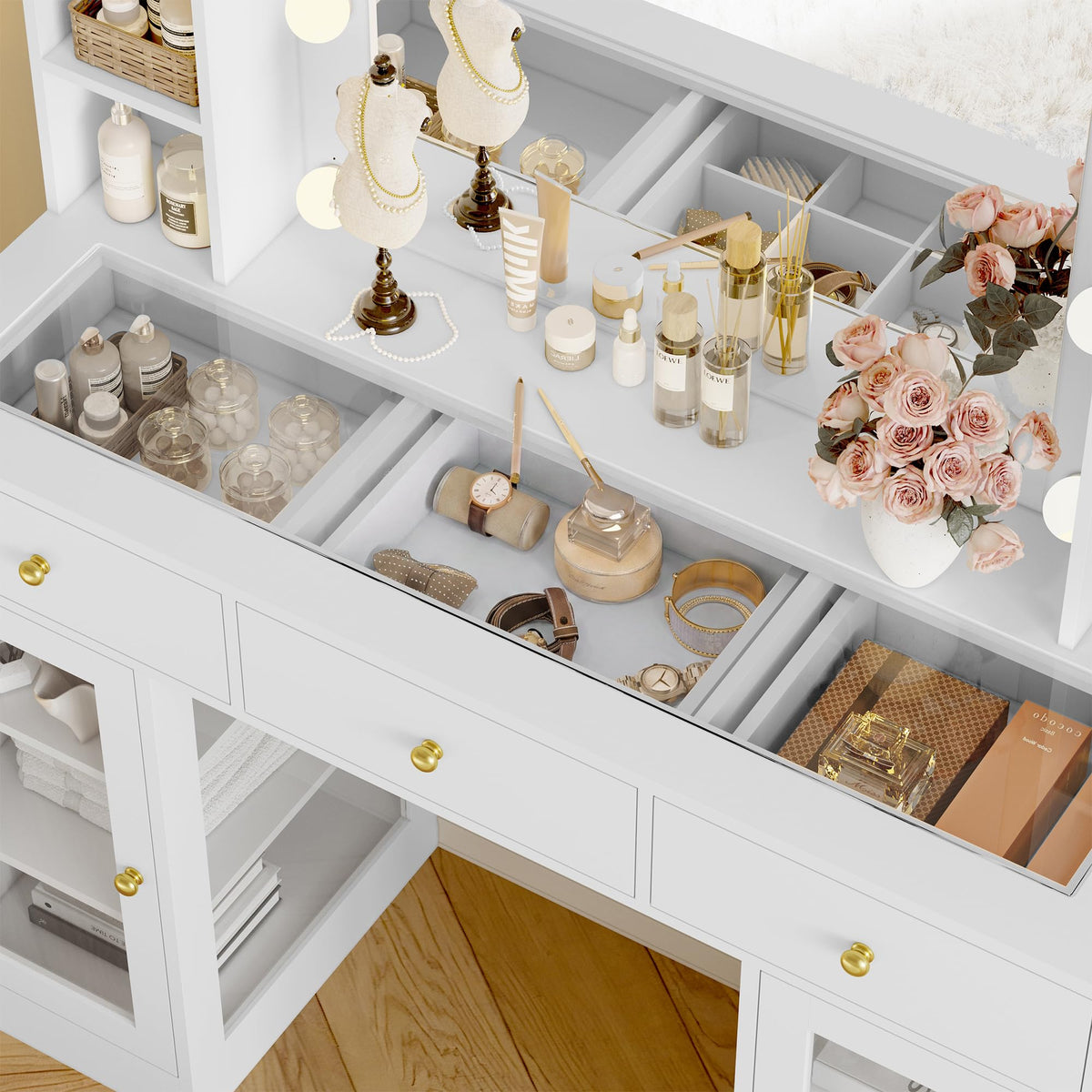 White Makeup Vanity Desk with Mirror and Lights H77089