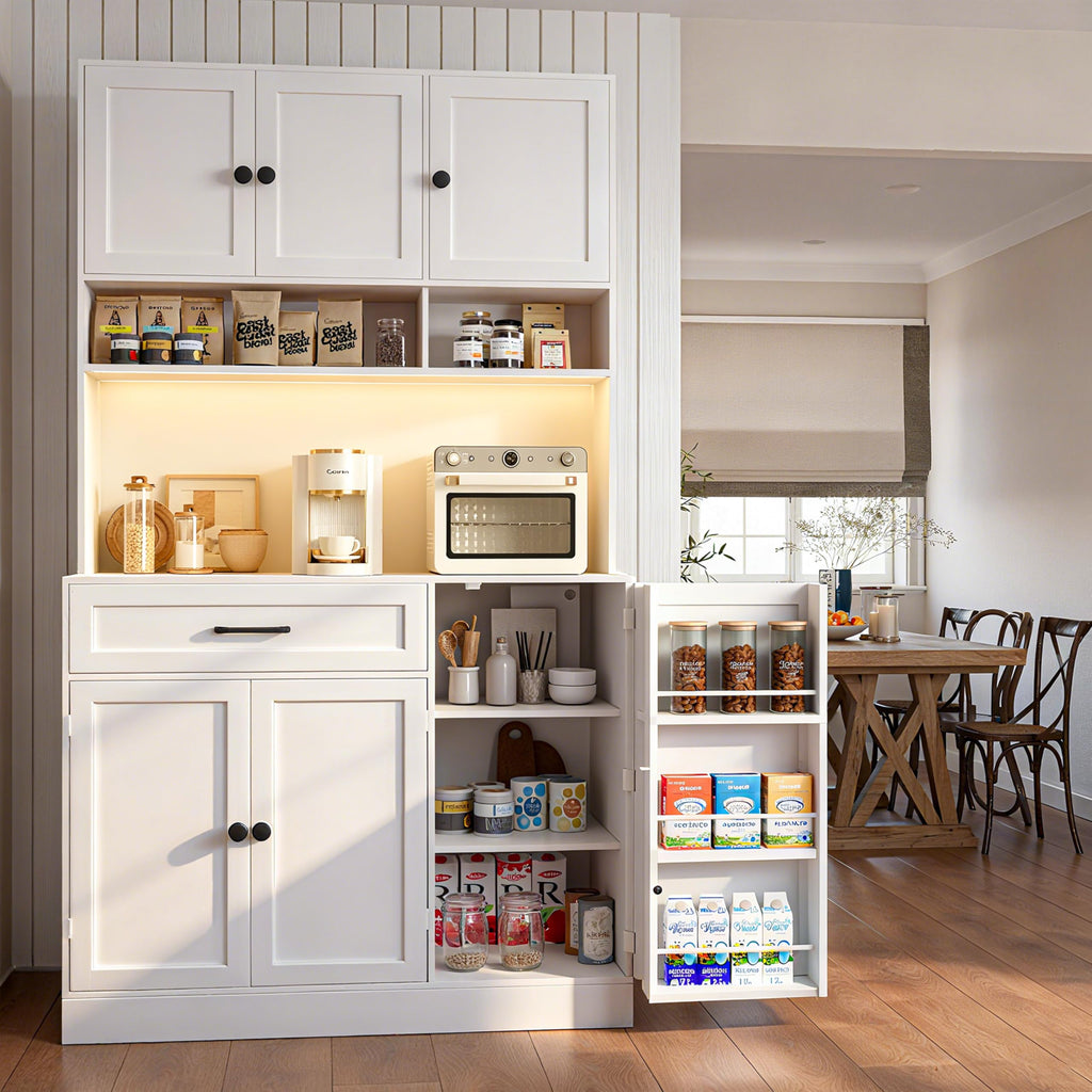 72" Kitchen Pantry Cabinet with LED Light and Charging Station T5280