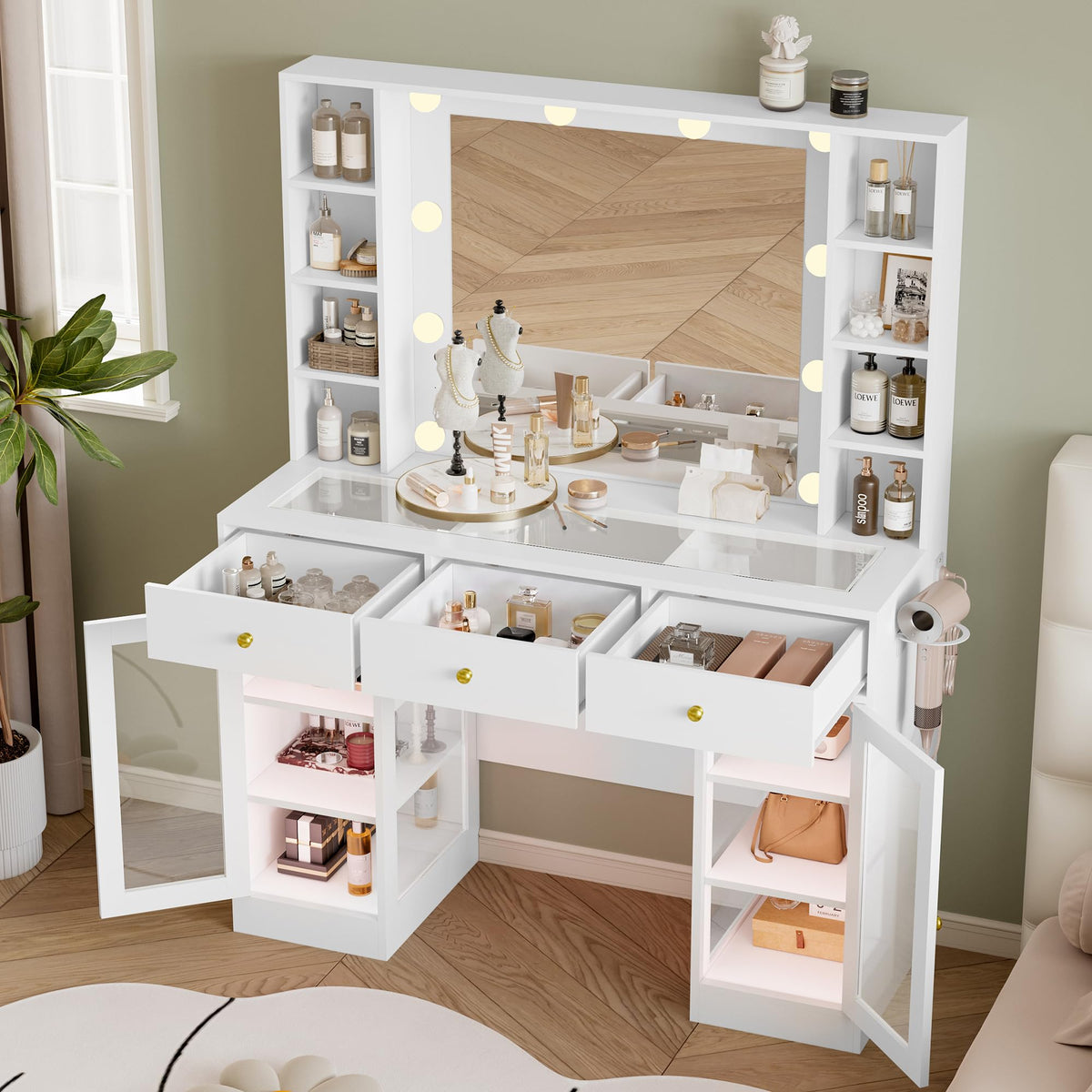 White Makeup Vanity Desk with Mirror and Lights H77089