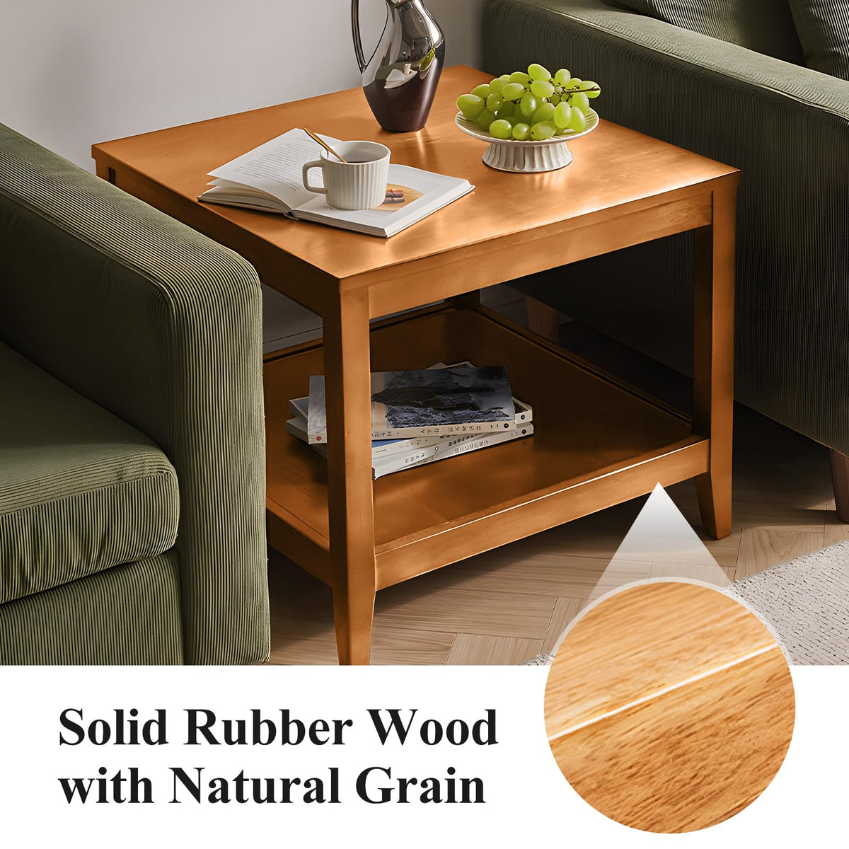 Solid Wood Square Side Table with Storage Shelf I93182