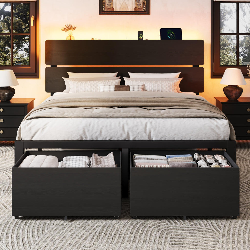 Queen Led Bed Frame with 2 Storage Drawers and Charging Station, Black P1640
