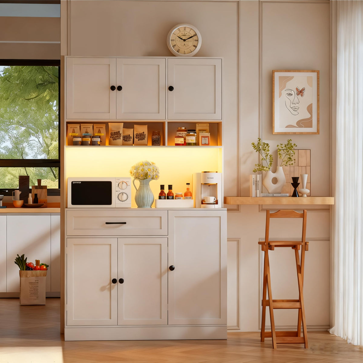 72" Kitchen Pantry Cabinet with LED Light and Charging Station T5280