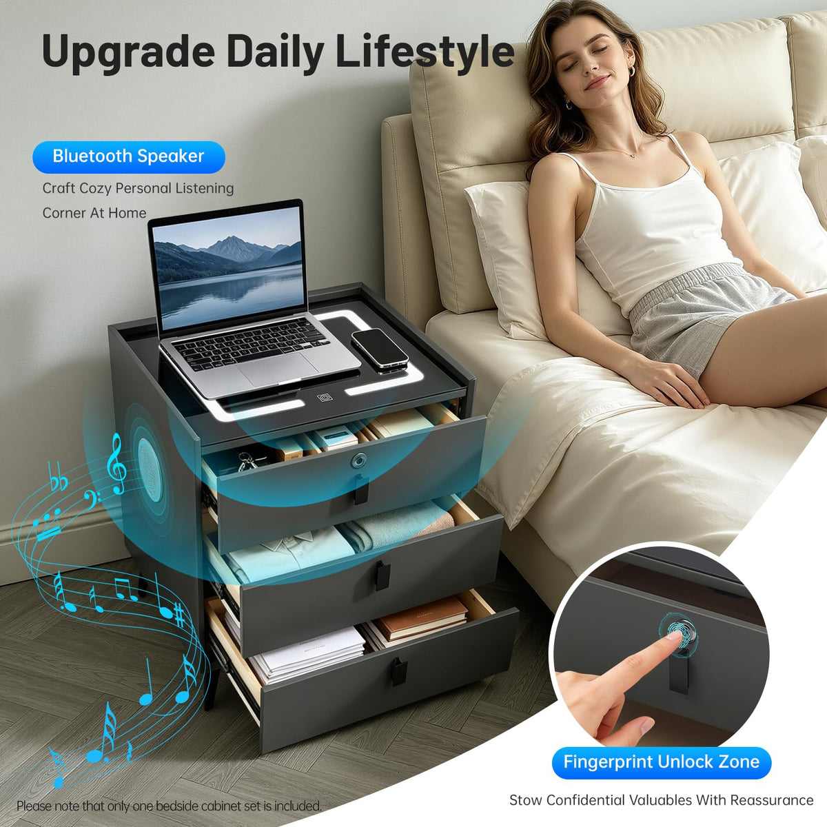 Fingerprint Lock Nightstand with USB & Wireless Charging and 3 Drawers W780