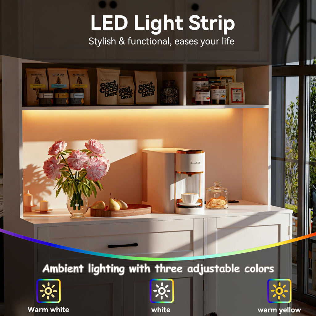 72" Kitchen Pantry Cabinet with LED Light and Charging Station T5280