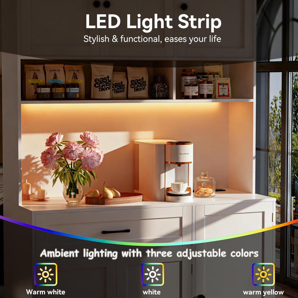 72" Kitchen Pantry Cabinet with LED Light and Charging Station T5280