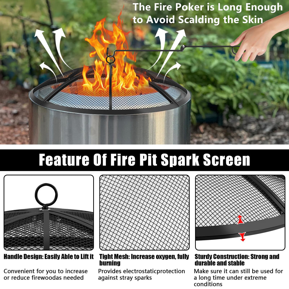 30 Inch Round Fire Pit Screen with Handle & Poker H193860