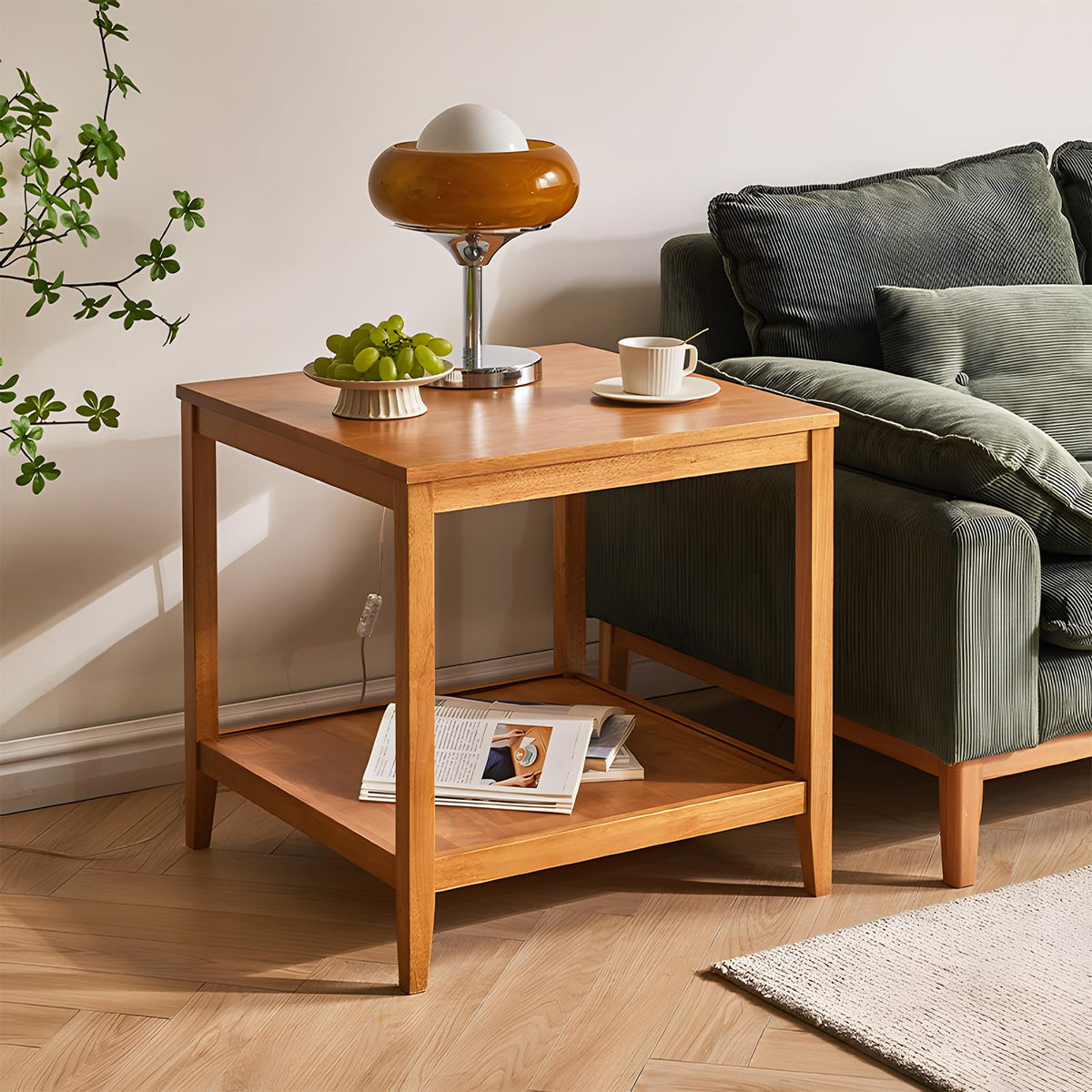 Solid Wood Square Side Table with Storage Shelf I93182