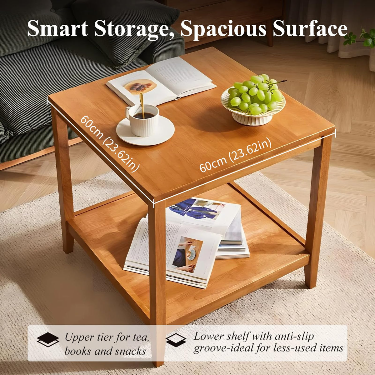 Solid Wood Square Side Table with Storage Shelf I93182