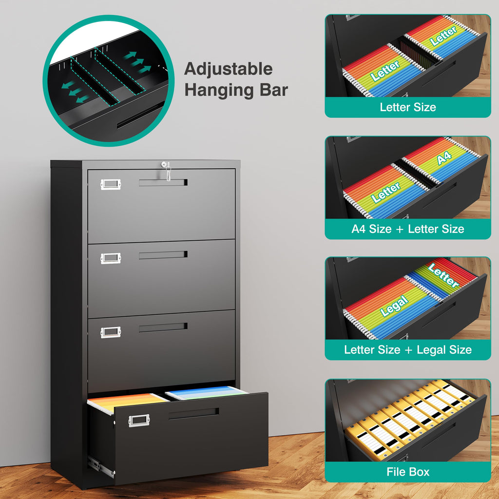 Black 4 Drawer Metal Lateral File Cabinet with Lock E881042