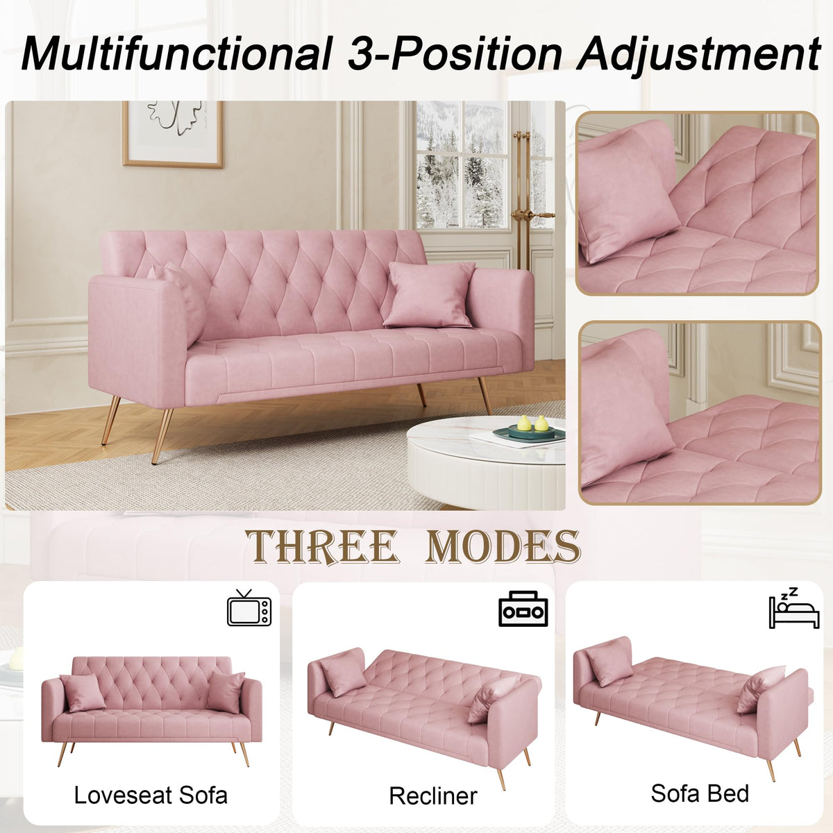71" Velvet Futon Sofa Bed with 2 Pillows M540081