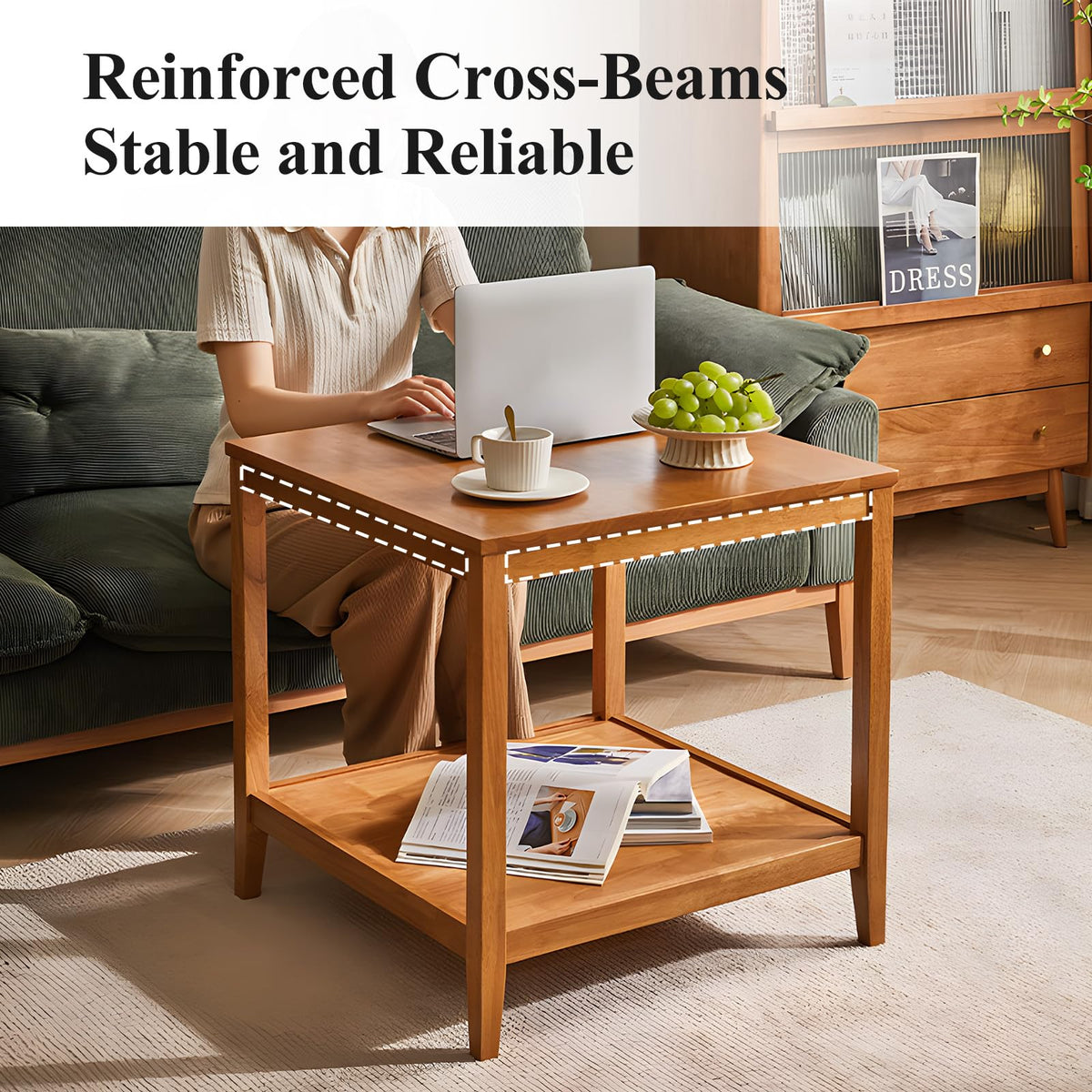 Solid Wood Square Side Table with Storage Shelf I93182