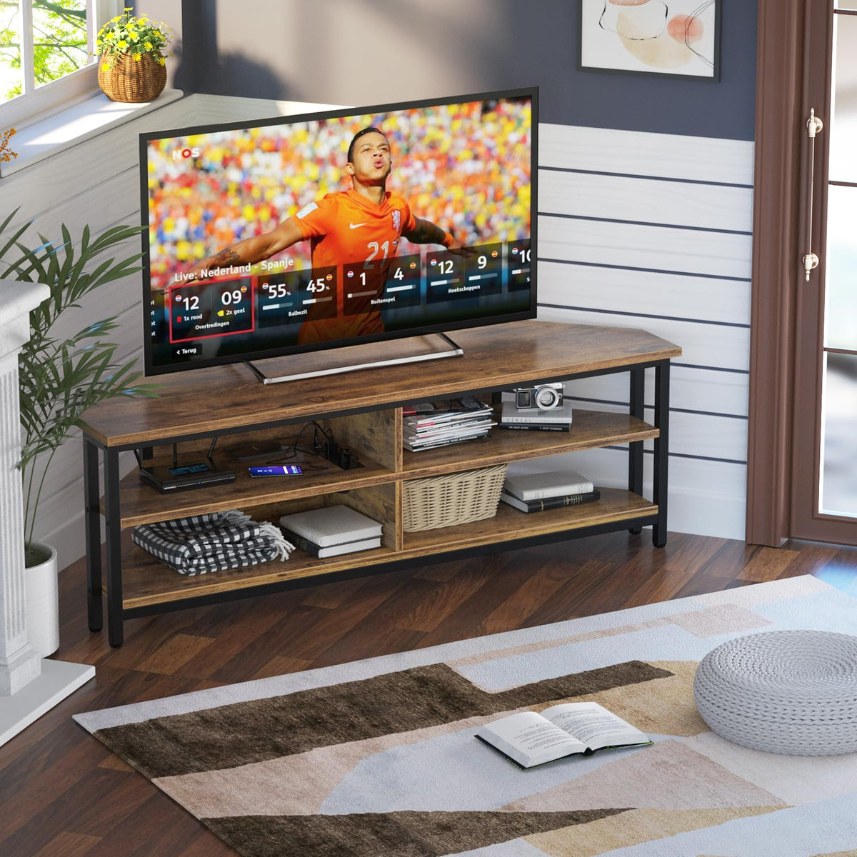 55'' Corner TV Stand with Power Outlet and 4 Open Storage Shelves B354651